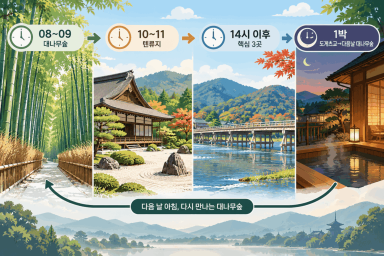 아라시야마 몇 시간 잡을까? 대나무숲·텐류지·도게츠교 도착시간별 코스